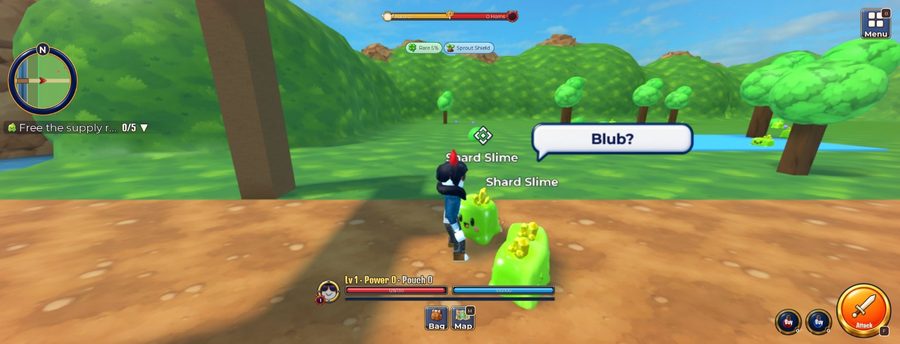 A player meets two green slimes in the starting meadow; one says 'Blub?' in a speech bubble.