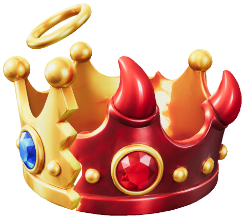 The broken crown from Halo & Horns: half gold with a halo, half red with horns.