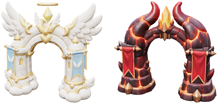 The white winged Halo town gate and the dark lava Horns town gate as 3D models.