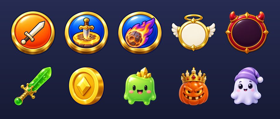 A sheet of the game's UI art: attack and skill buttons, halo and horns level badges, a jelly sword, a gold coin and monster icons.